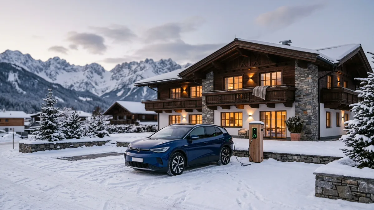 Elektroauto lädt abends an einer Ladestation vor einer verschneiten Ferienwohnung in den Alpen
