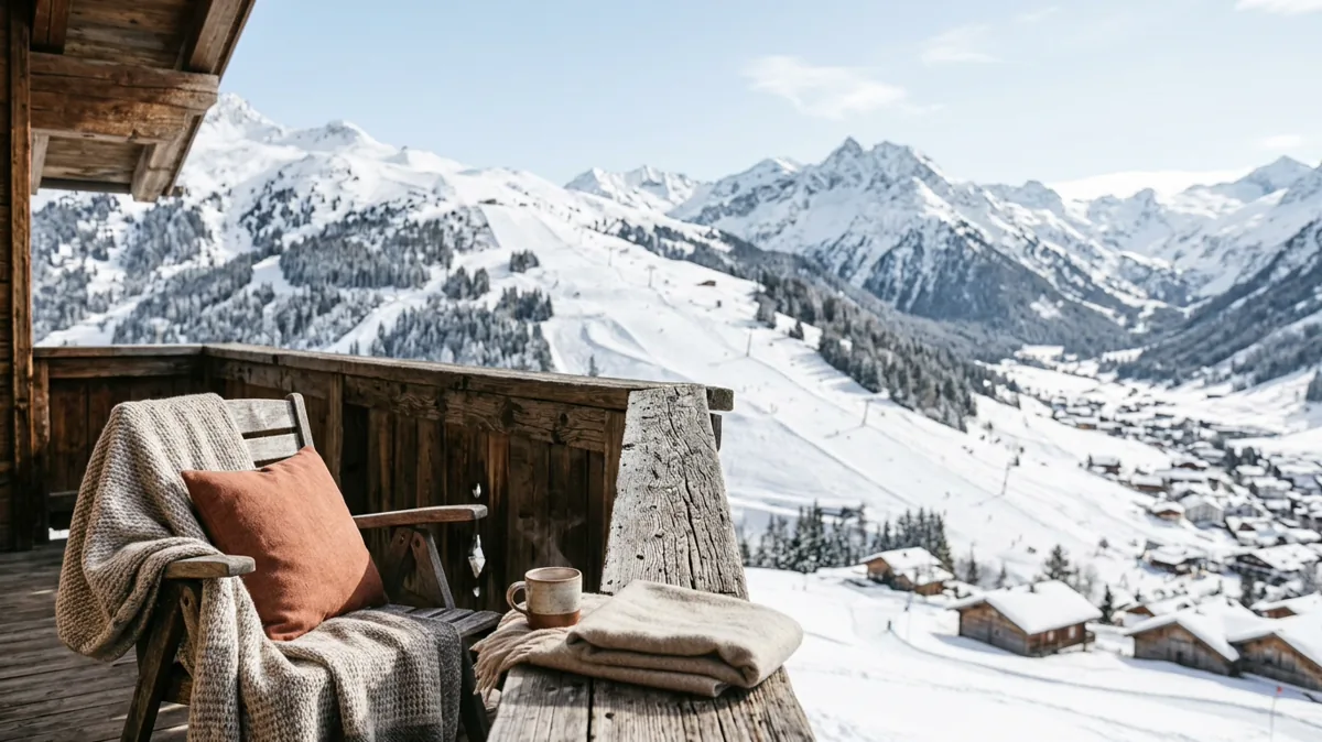 Verschneite Berglandschaft in Ischgl mit Blick von einem Holzbalkon