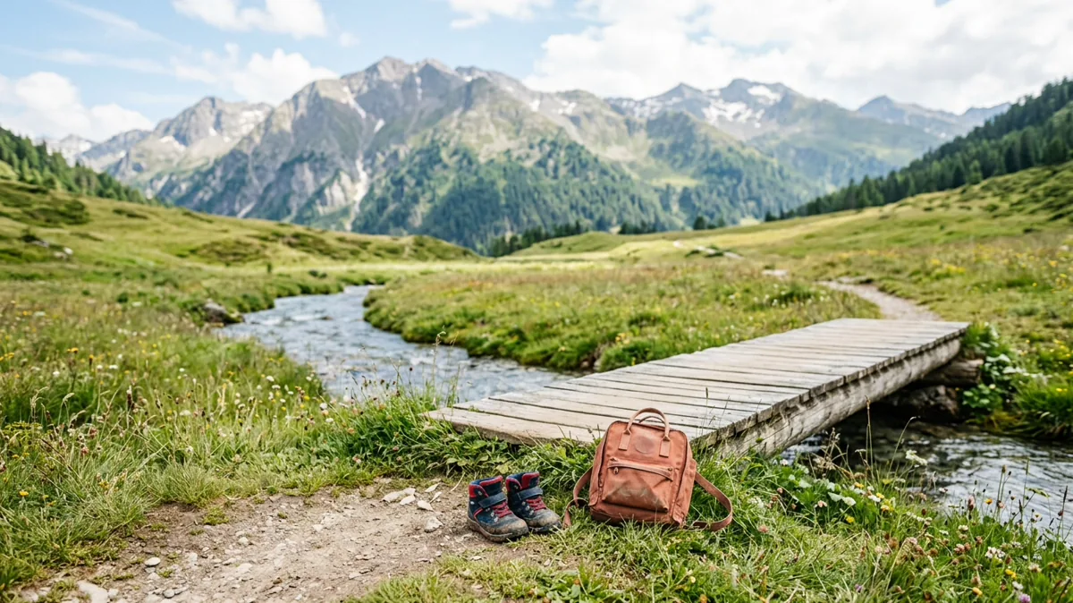 Bergwiese mit Bach und Holzsteg, Kinderstiefel am Wegrand