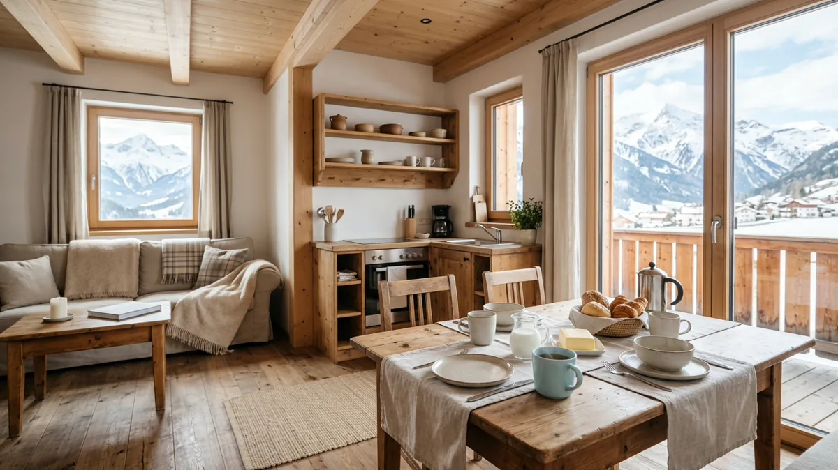 Gemütlicher Wohnbereich einer Ferienwohnung mit gedecktem Tisch und Bergblick