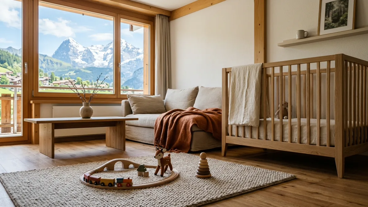 Helle Ferienwohnung in den Alpen mit Kinderbett und Spielzeug, Berge vor dem Fenster