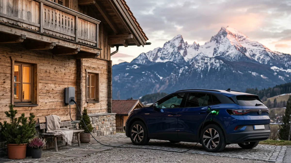 Elektroauto an einer Ladestation vor einer Ferienwohnung mit Bergpanorama in den Alpen