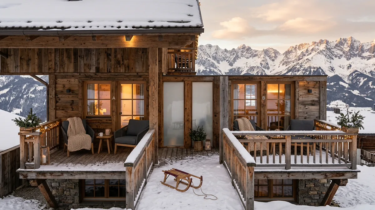 Zwei benachbarte Ferienwohnungen mit Balkon vor verschneiten Alpenbergen