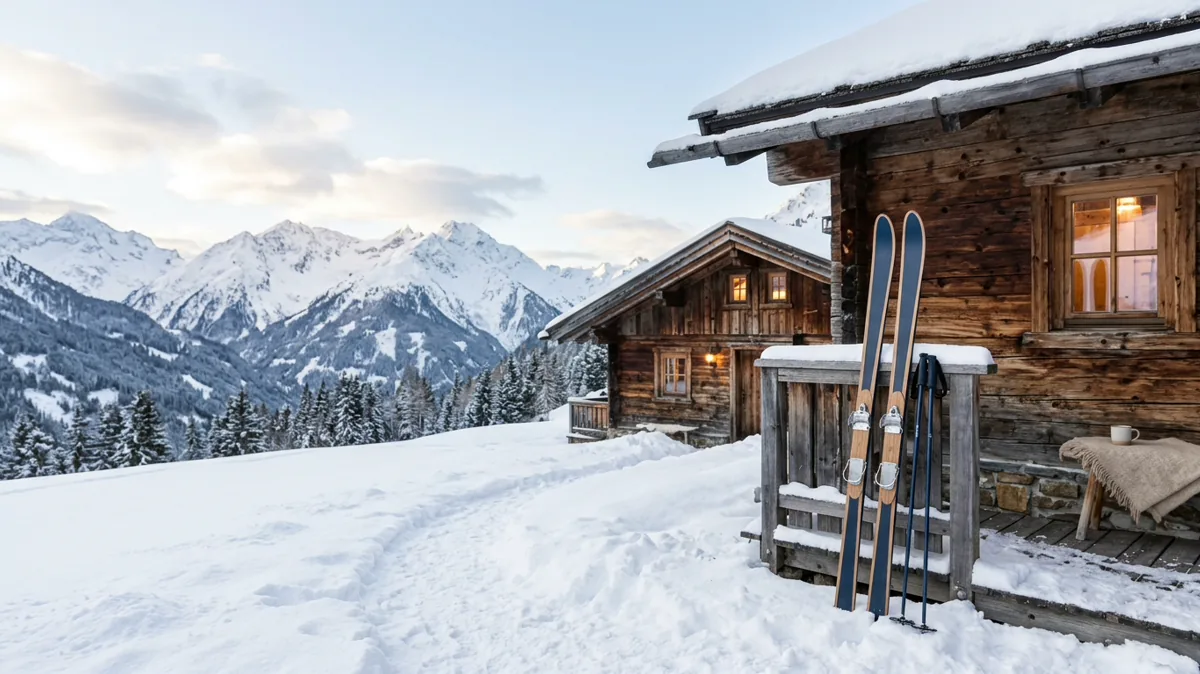 Ski und Stöcke vor einer Ferienwohnung in den verschneiten Alpen